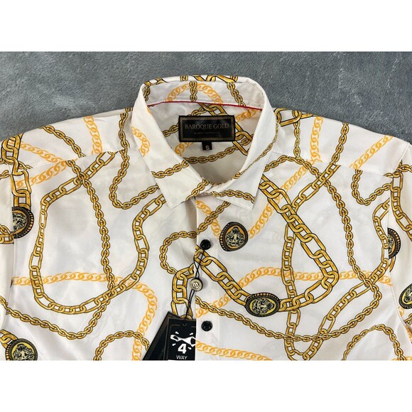 DRILL CLOTHING Baroque Gold Shirt Men's Small White Gold Chain Button-Up Stretch - Picture 2 of 11